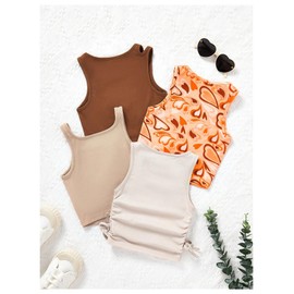 OYOANGLE Toddler Girl's 4 Pack Graphic Print Crop Tank Top Crew Neck Sleeveless Summer Cami Top Khaki Orange 7Y