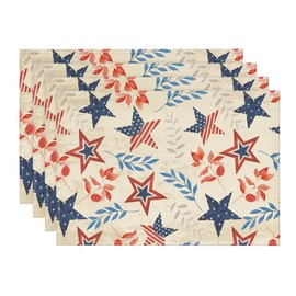 Artoid Mode Old Style Leaves Stars Patriotic 4th of July Placemats Set of 4, 12x18 Inch Memorial Day Holiday Table Mats for Party Kitchen Dining Decoration
