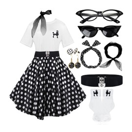 10Pcs Sock Hop Outfits Costume Women, 1950s Polka Dot Skirt, Poodle T-Shirt with 50s Accessories Set Scarf Headband Belt Socks Eyeglasses Earrings (Black-L)