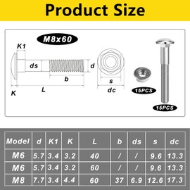 Carriage Bolts M8 x 60 mm, Mushroom Head Bolts Nuts Set, Carriage Bolts with Hex Flange Nuts, Carriage Bolts, Round-Head Screws Made of Carbon Steel, Pack of 15