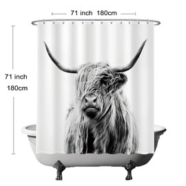 Ulticool Shower Curtain - Scottish Highlander Black White - 180 x 180 cm - Anti Mould - Washable - Waterproof - with 12 Rings