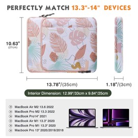 MoKo Laptop Sleeve Bag for 13.3-14 Inch, Notebook Carrying Case with Pocket Fits New MacBook Pro M3/M2 14" /13" M2/M1 Pro/M1 MAX 14.2 2023-2021/Air 13.6" M2 2022, Surface Pro 9/8 13", Tropical Leaf
