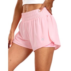 Haimont - Pantalones cortos deportivos de cintura alta 2 en 1 con bolsillos con cordón y forro de compresión de 3 pulgadas, E-light Rosa, XX-Large