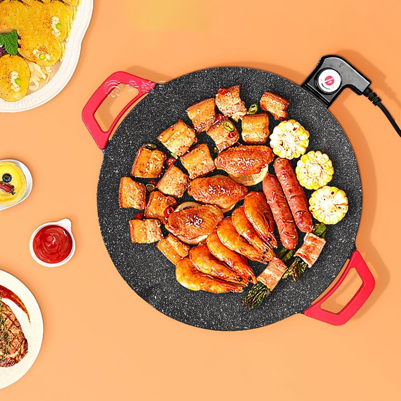 Electric Smokeless Grill, Non-Stick BBQ Griddle with Temperature Control, Round