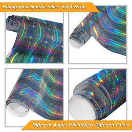 AuMoHall Holographic Sparkle Silver Car Vinyl Wrap Glitter Light Beam Glossy Colorful Chameleon Car Vinyl Wrap with Air Release Technology, 59.84'' x 7.87''