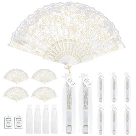 EOSAU 50 Packs White Lace Folding Hand Fans for Women Foldable, Bulk Fans Handheld for Wedding Party Favors Bridal Shower Church Dancing Decoration Prop with Organza Bags