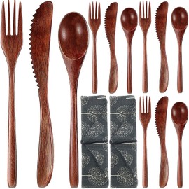 Busnos Portable Wood Flatware Set for Eating Lunch Utensils Silverware Set Wooden Cutlery Set eating utensil sets wooden Reusable Wood Utensils for Eating 13 Pcs Travel Wooden Spoons Forks with Case