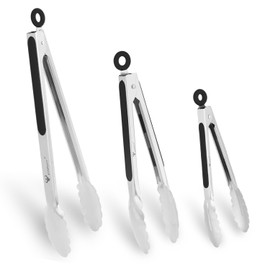 WINPOST Stainless Steel Kitchen Tongs Set of 3-21cm,27cm and 34cm,Stainless Steel and Non-Slip Heat Resistant Handle - Great for Cooking, Salad, Grilling and Barbecue (21cm+27cm+34cm, Black)