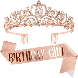 Birthday Queen Sash & Crystal Tiara Kit Tiara Crowns Birthday Decorations Rhinestone Headband Hair Accessories Glitter (ROSE GOLD)
