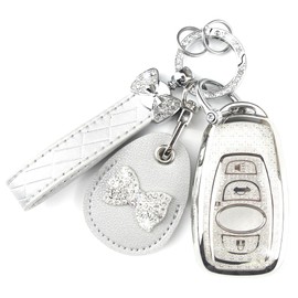 Rayslesan Key Fob Cover with Leather Holder Compatible with Airtag/RFID,Compatible with Subaru Ascent Forester WRX Impreza Outback STI BRZ,RFID Protector,Car Key Accessories(4-Button, Silver)