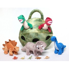 Unipak 12" Plush Dinosaur House with 5 Stuffed Animal Dinosaur in Play Dinosaur Carrying Case (2 T-Rex, 1 Triceratops, 1 Stegosaurus, 1 Brachiosaurus) + Bonus Five Mini Dinosaur Figures