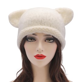 ZLYC Women Crochet Hat Knit Cat Ear Slouchy Beanie Cute Vintage Grunge Fuzzy Hat, Bear Ear White