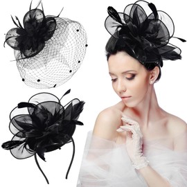 Solsew 2 Packs Fascinator Hats for Women Tea Party Derby Hats Mesh Flower Feathers Headbands and Clips Tea Party Headwear (Black)