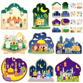 Ramadan Stickers Craft Gifts for Kids - WATINC 123pcs Eid Mubarak Kareem Mosque Scene Sticker Hanging Ornament Kit, Make Your Own Al-fitr Scene Decal, DIY Religious Art Label for Home School Classroom