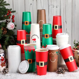 Dandat Christmas Coffee Paper Cups with Lids Disposable Christmas Paper Cups for Hot Cocoa Tea Beverage Holiday Xmas Party Supplies (20 oz,52 Pcs)