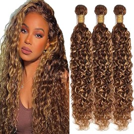 Tuheerst Water Wave Human Hair Bundles Blonde Human Hair Extensions Real Hair Wefts 3 Bundles Sew-in Bundle P427 Highlight Double Weft Remy Hair 20 Inches
