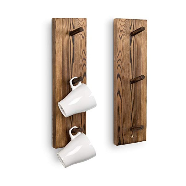 MyGift 3-Hook Wall Mounted Rustic Burnt Solid Wood Mug Hanging