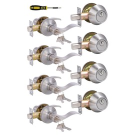Keyed Alike Front Door Lever Lockset with Single Cylinder Deadbolt Combination Set, Exterior Door Knob with Lock and Deadbolt, Satin Nickel Finished, 4 Sets