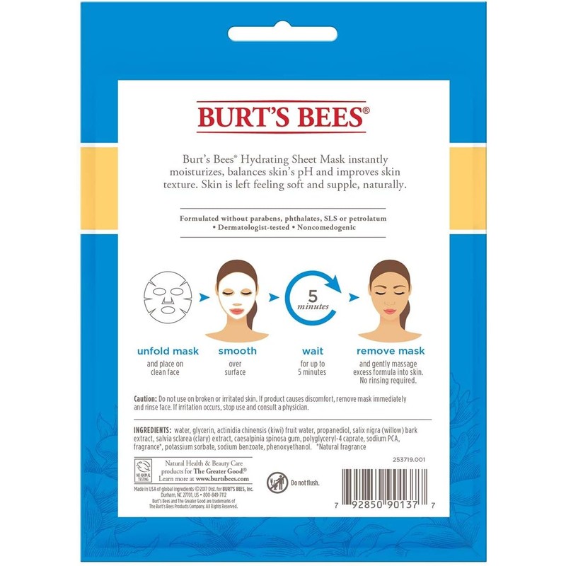 Burt's Bees Hydrating Face Mask, Single Use Sheet Mask, 6