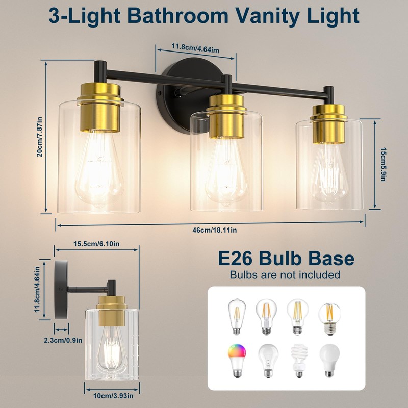 Sobrovo Bathroom Vanity Light Fixture, 3-Light Black and Gold Wall