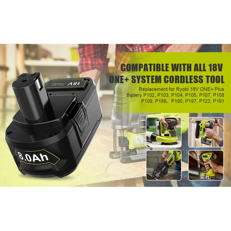 For Ryobi 2pack 8.0Ah For RYOBI P108 18V One Plus