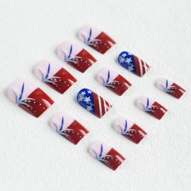 4th of July Press on Nails French Tip Independence Day Fake Nail Short Square False Nails with Star and Stripe Design Red Blue Glossy Artificial Full Cover Glue on Nail for Women Nail Decoration