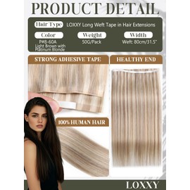 Loxxy Weft Tape in Extensions, Light Brown With Platinum Blonde Rooted Shadow Tape in Hair Extensions Human Hair, 22 Inch 60G, Weft Width 31.5" (80cm)