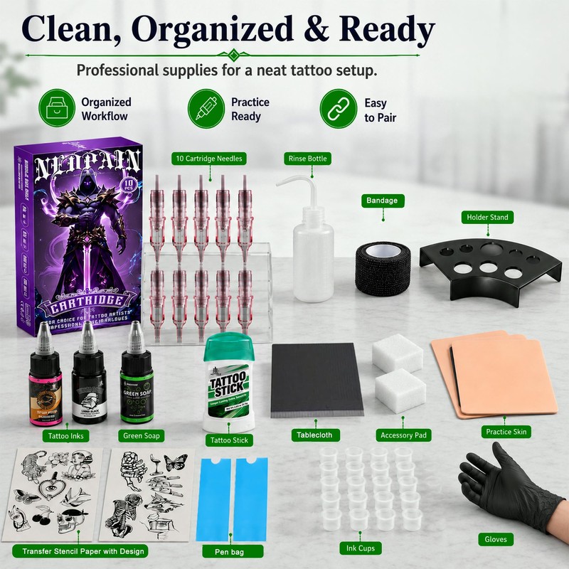 NEDPAIN Tattoo Practice Kit for Beginners with Skin, Needles and