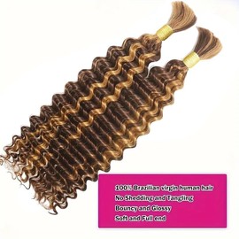 Human Braiding Hair for Boho Braids Deep Wave Bulk Human Hair for Braiding 18 Inch 2 Bundles 100g Highlight Ombre 4/27 Brazilian Wet and Wavy Curly Human Hair Braiding Hair Extensions No Weft Bundles