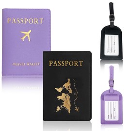 KEUGT Passport Covers,2 Luggage Tags and 2 Passport Cover,PU Leather Passport Holder,Passport Case,ID Identifier Bag,Travel Suitcase Tag for Mr Mrs Passport,Credit Cards,Boarding Passes(Purple,Black)
