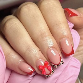 Press on Nails Short Square Fake Nails Pink False Nails Red Leopard French Tips with Valentines Bow Charm Glue on Nails Design Artificial Acrylic Full Cover Stick on Nails for Women & Girls 24Pcs
