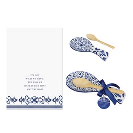 Youngs 21215 Ceramic Blue and White Talavera Spoon Rest with Bamboo Spoon and Tea Towel