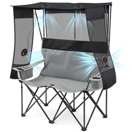Double Camping Chair with Sunshade Canopy & 4 Detachable USB Fans, 3-Speed Heavy Duty 660 Lbs Folding Loveseat Beach Chair with Cup Holder for Lawn, Picnic & Outdoor Sports (No Battery)