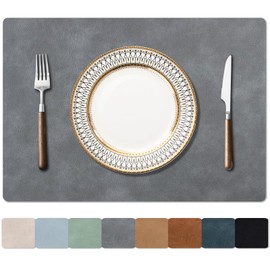 Enaskv Cowhide Pattern Placemats Set of 4, Faux Leather Place Mats Heat Resistant Non-Slip Waterproof Wipeable Kitchen Dining Reversible Table Mat for Indoor & Outdoor,Grey