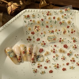 ESOTERIQUE Retro Flower Nail Art Stickers, 5D Embossed Luxury Oil Painting Style Rose Flower Nail Decals, Spring-Inspired Nail Design, Manicure Decoration Accessories, 1 Sheet