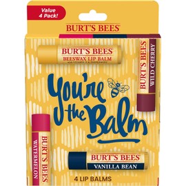 Burt's Bees Lip Balm, Moisturizing Lip Care, 100% Natural, You're the Balm - Original Beeswax, Wild Cherry, Vanilla & Watermelon (4 Pack)