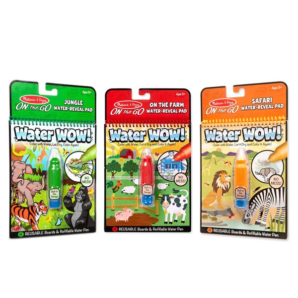 Melissa & Doug On the Go Water Wow! Reusable Color with Water Activity Pad 3-Pack, Jungle, Safari, Farm - Water Wow Water Coloring Books