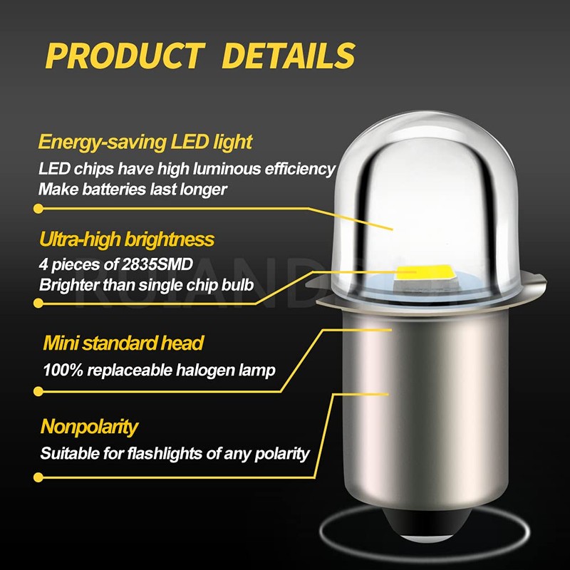 Ruiandsion LED Flashlight Bulb 3V P13.5S Base Socket White LED