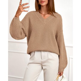 BTFBM Casual Long Sleeve Sweaters for Women Loose V Neck Ribbed Knit Pullover Tops Womens Fall Fashion 2025(Camel,Medium)