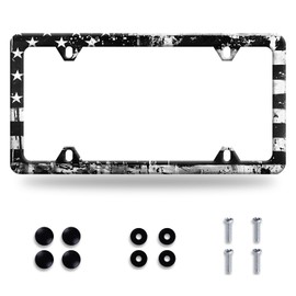 Retro Black Grey American Flag License Plate Frame Stainless Steel Patriotic USA Flag License Plate Frame Auto Parts Decoration with Screws Funny License Plate Holder for Men Women 12 x 6 Inch