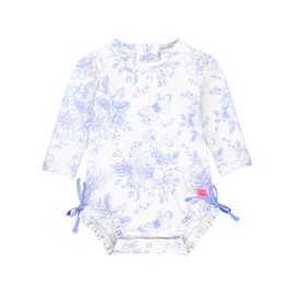 RuffleButts Baby Girls UPF 50+ Sun Protection Floral Printed Long Sleeve One Piece Rash Guard Swimsuit with Zipper - Periwinkle Butterfly Garden, 12-18m