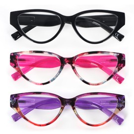 MMOWW 3 Pack Fashion Cateye Reading Glasses for Women Stylish Blue Light Blocking Readers Spring Hinges, Black/Pink/Purple +2.0