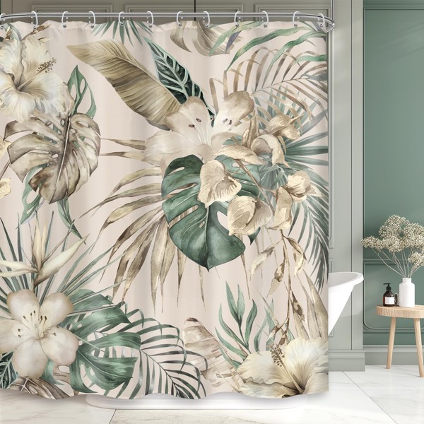 Mitpok Summer Tropical Leaves Shower Curtain 60Wx72H Green Palm Floral