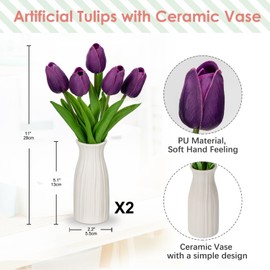 Briful 2 Packs Faux Flowers Artificial Tulips with Ceramic Vase, Poly Foam Purple Tulips Real Touch Flower Arrangement for Home Kitchen Wedding Centerpiece Decoration