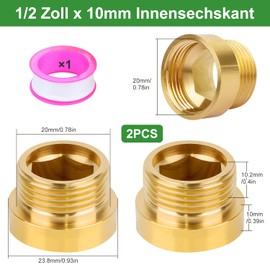 Niuny Tap Extension 1/2 Inch 10 mm Tap Extensions Brass 2 Pieces Extension Fitting Extension Water Connection Thread Fitting Extension for Taps Corner Valves Shower Heads
