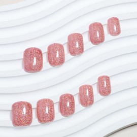 Vezocim Press on Nails Short Square-24Pcs Glossy Full Cover Acrylic Square Pink False Nails with Glitter Designs Artificial Extra Short Square Fake Nails with Glue Stick on Fingernails for Women