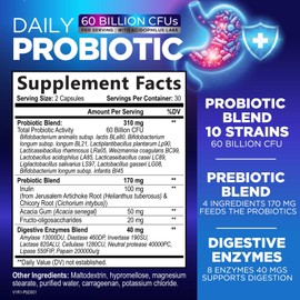 Probiotics 60 Billion CFU - 10 Strains + Digestive Enzymes & Prebiotics - Best Probiotic for Women & Men, Supports Immune, Gut Health, Occasional Constipation, Diarrhea, Gas & Bloating - 60 Capsules