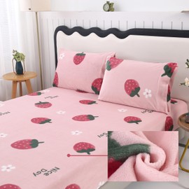 MAG 3Pcs Pink Fleece-Flannel Queen Sheet Set,Strawberry Bed Sheets,Queen Sheet Set Kawaii,Cute Microfiber Fluffy Warm for Girls Boys Kids,Super Soft,1 Fitted Sheet and 2 Pillowcases Only.