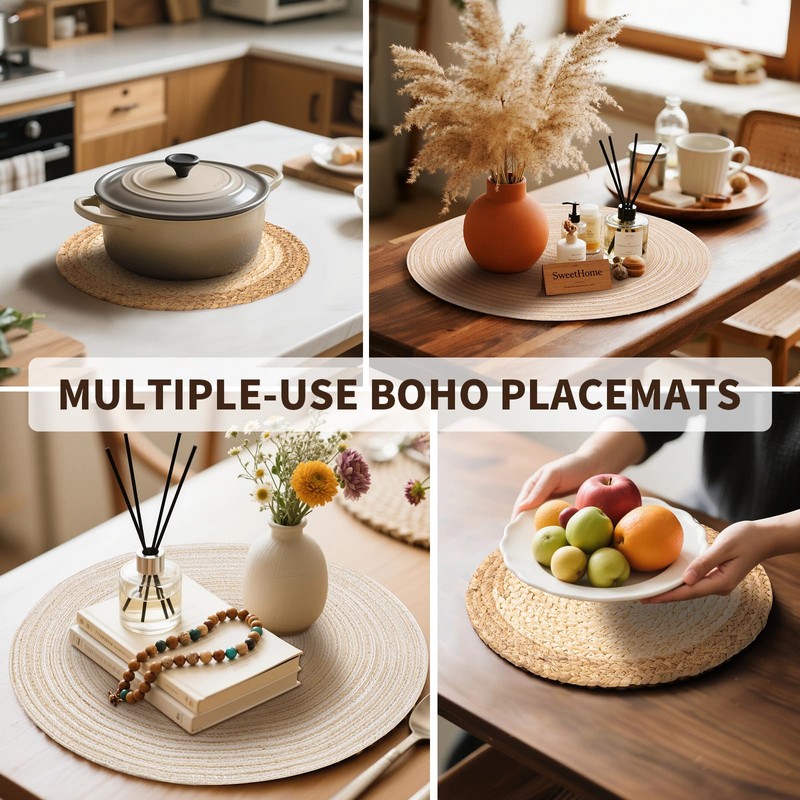 Handmade Round Boho Placemats Set of 6 | Natural Woven