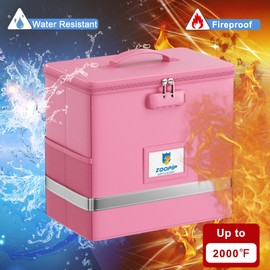 ZOOPIP Fireproof File Box with Lock, Document Box Storage Organizer, Suitable for Hanging File Folders in Letter Size, Collapsible File Box, Reflective Strip for Fast Find (12.2"*6"*10.2, Pink)